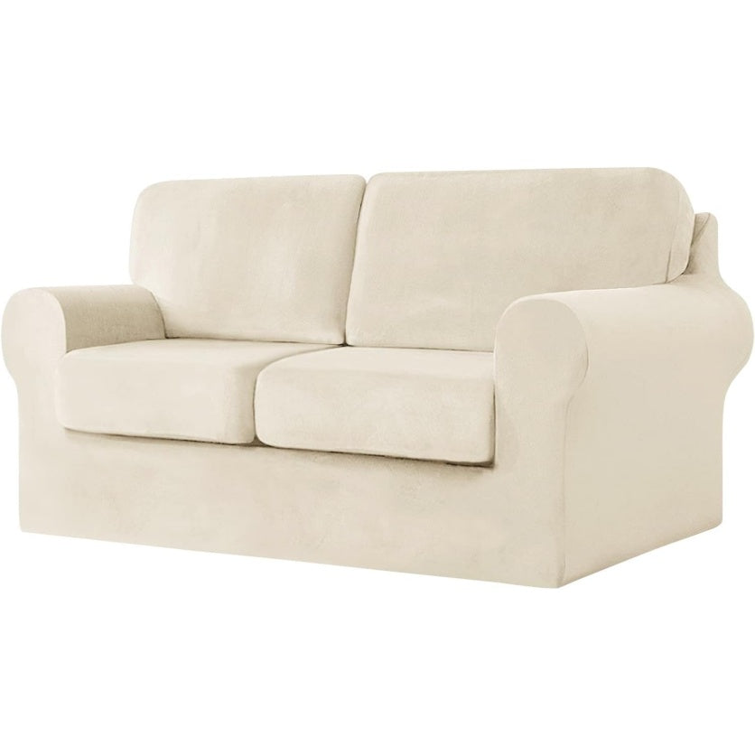 Set Copridivano in Velluto con Coprischienali e Copricuscini Separati Compatibile con Divani da Uno a Quattro Posti Beige