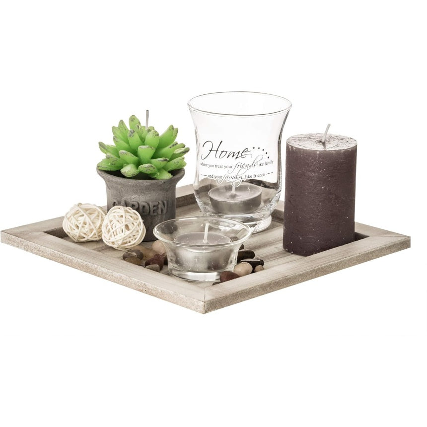 Piatto Quadrato Decorativo in Legno Naturale con Portacandele Candele e Pietre Decorative