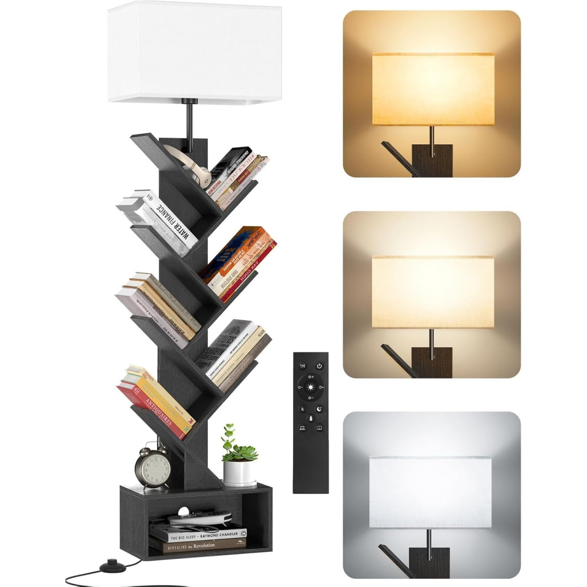 Libreria ad Albero con Luce LED a 6 Ripiani Angolare Autoportante con Telecomando Nera